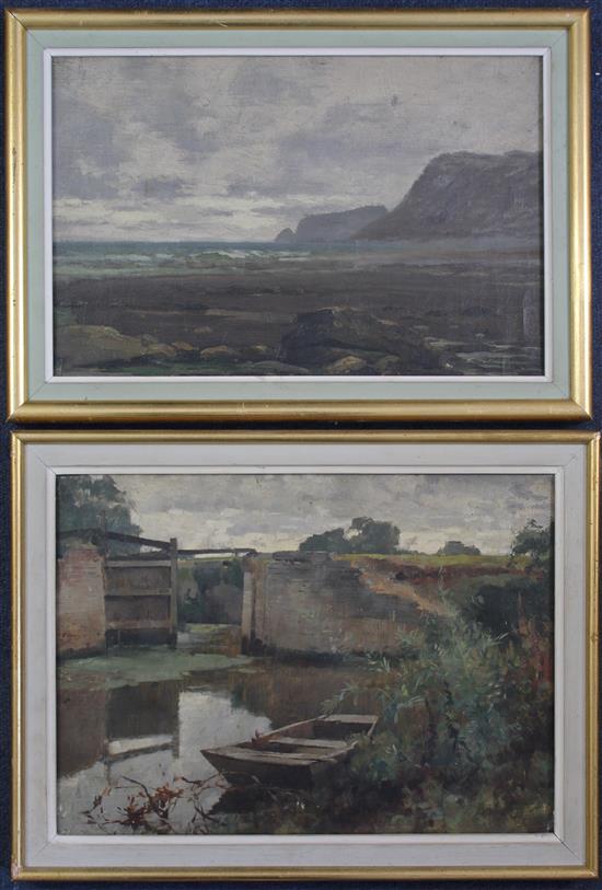 English School c.1900 Harvesters and other landscapes, largest 12 x 16in.
